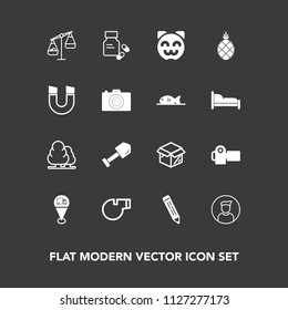 Modern, simple vector icon set on dark background with vitamin, environment, photography, location, whistle, nature, object, forest, sport, pharmacy, tropical, kitty, equipment, new, health, map icons