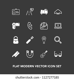 Modern, simple vector icon set on dark background with photo, camera, road, kitchen, delivery, shipping, street, white, meat, truck, location, photography, pan, field, science, sound, document icons