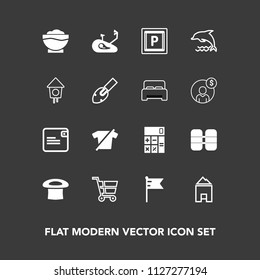Modern, simple vector icon set on dark background with purse, cart, animal, dollar, home, hat, finance, transport, flag, road, fitness, birdhouse, restaurant, accounting, vehicle, calculator icons