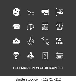 Modern, simple vector icon set on dark background with jump, printer, flag, moon, seat, parachuting, sign, dessert, technology, extreme, spaceship, destination, sea, cloud, sky, cancel, rocket icons