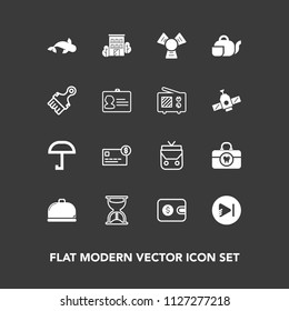 Modern, simple vector icon set on dark background with umbrella, cooler, balance, time, business, fashion, building, purse, hour, bank, rain, fish, white, health, restaurant, service, money, sea icons