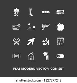 Modern, simple vector icon set on dark background with industry, water, sign, home, bus, coupon, high, deactivate, canoe, clothing, paddle, cursor, shirt, footwear, house, web, medicine, builder icons