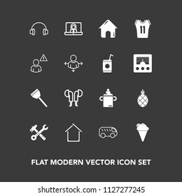 Modern, simple vector icon set on dark background with basketball, technology, tropical, left, sound, building, dessert, fruit, audio, internet, direction, wrench, spanner, ice, shirt, equipment icons