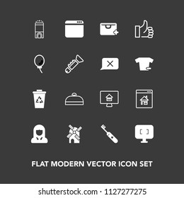 Modern, simple vector icon set on dark background with success, monitor, sign, brush, energy, electricity, property, room, hygiene, clean, hotel, power, garbage, face, suitcase, mill, wind, add icons