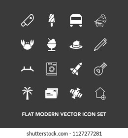 Modern, simple vector icon set on dark background with ice, vintage, knife, instrument, appliance, record, technology, space, music, folk, new, washer, orbit, pull, apartment, retro, house, home icons