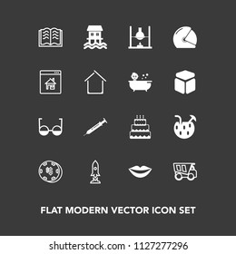 Modern, simple vector icon set on dark background with vehicle, beauty, risk, boat, casino, book, female, dumper, education, research, teeth, girl, food, glass, luck, chemistry, tipper, craft icons