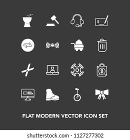 Modern, simple vector icon set on dark background with support, boot, tag, pay, communication, sign, call, bag, technology, circus, law, concept, bike, fashion, website, replace, percussion, tie icons