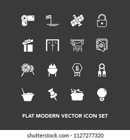 Modern, simple vector icon set on dark background with sign, pin, person, lollipop, grill, planet, beach, cook, protection, space, photo, candy, food, celebration, kitchen, technology, mexico icons