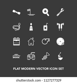 Modern, simple vector icon set on dark background with whistle, oven, web, equipment, estate, sport, dinner, sea, meal, blue, jazz, tool, music, kitchen, ocean, bow, water, musical, hammer, food icons