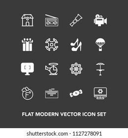 Modern, simple vector icon set on dark background with screen, cafe, technology, pub, keyboard, candy, food, sound, nautical, astronomy, night, record, setting, building, bar, music, computer icons