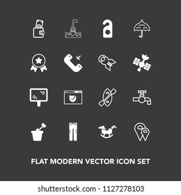 Modern, simple vector icon set on dark background with tap, street, fashion, sink, boat, privacy, tower, baby, banner, faucet, paddle, dollar, location, website, toy, horse, summer, purse, child icons