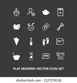 Modern, simple vector icon set on dark background with noodle, breakfast, post, dessert, transport, vessel, paper, chat, bottle, equipment, sweet, office, ice, housework, laboratory, mail, ship icons