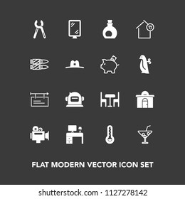 Modern, simple vector icon set on dark background with real, helmet, table, camera, food, tool, blank, billboard, drink, juice, sign, building, desk, landlord, glass, olive, astronaut, banner icons