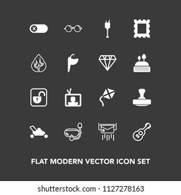 Modern, simple vector icon set on dark background with deactivate, lock, mask, lawn, white, television, alcohol, open, musical, mail, message, protection, leisure, water, music, guitar, turn, tv icons