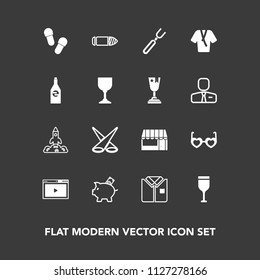 Modern, simple vector icon set on dark background with background, spotlight, red, fashion, hippie, scene, drink, launch, sunglasses, internet, footwear, coin, glasses, spoon, fork, weapon, gun icons