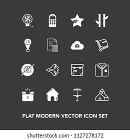 Modern, simple vector icon set on dark background with cardboard, air, people, fan, jet, shirt, no, star, box, container, old, fashion, bamboo, house, bar, table, business, package, cafe, pub icons