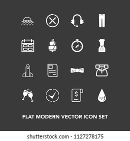 Modern, simple vector icon set on dark background with landscape, drop, phone, telephone, sign, science, stop, sound, morning, music, identity, call, water, clothing, pants, wine, alcohol, glass icons