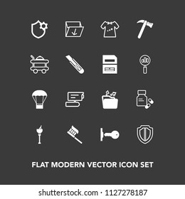 Modern, simple vector icon set on dark background with shield, protection, medical, balloon, sign, trash, record, alcohol, medicine, equipment, wine, file, door, ice, clothes, air, video, health icons