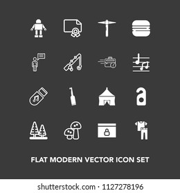 Modern, simple vector icon set on dark background with technology, electric, environment, music, internet, tent, machine, frame, clothes, nature, edible, award, collection, hotel, sandwich, food icons