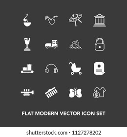 Modern, simple vector icon set on dark background with carriage, cost, stroke, bugle, bag, spaceship, stroller, food, travel, insect, jazz, stereo, baby, dinner, shape, sound, music, sale, ufo icons