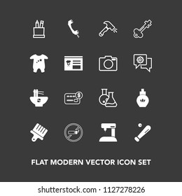 Modern, simple vector icon set on dark background with baseball, card, sewing, white, vintage, sew, meal, drawing, noodle, bank, shovel, beauty, stationery, paint, aroma, pencil, construction icons
