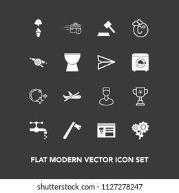 Modern, simple vector icon set on dark background with machine, ice, screwdriver, plane, computer, floral, blossom, moon, bathroom, tool, flight, sink, profile, late, business, sitting, human icons
