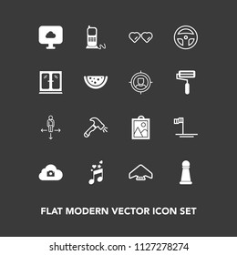 Modern, simple vector icon set on dark background with medicine, strategy, shovel, chess, game, sunglasses, extreme, parachute, king, travel, baja, mexico, music, phone, stationary, sky, ocean icons