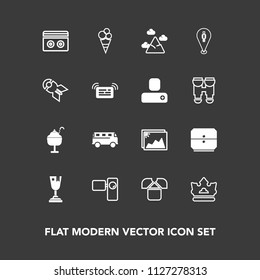 Modern, Simple Vector Icon Set On Dark Background With Royal, Transportation, Nature, Retro, Bus, Audio, Tape, First, Award, Blue, Winner, Drawer, Picture, Tshirt, Road, Video, Dessert, Tripod Icons