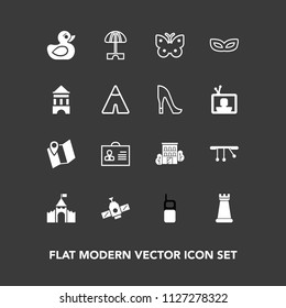 Modern, simple vector icon set on dark background with station, pin, communication, nature, woman, castle, road, space, building, location, medieval, strategy, fly, female, game, travel, toy icons