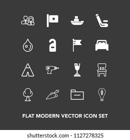 Modern, simple vector icon set on dark background with tree, first, vessel, map, interior, camp, pin, nature, travel, people, adventure, nation, america, team, folder, outdoor, machine, chair icons