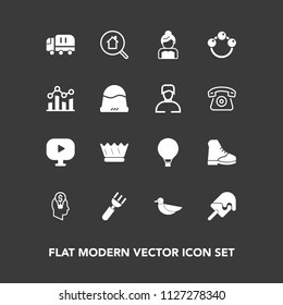 Modern, simple vector icon set on dark background with car, parachuting, idea, queen, concept, dinner, transport, dessert, jump, groom, truck, media, love, online, animal, cargo, crown, business icons