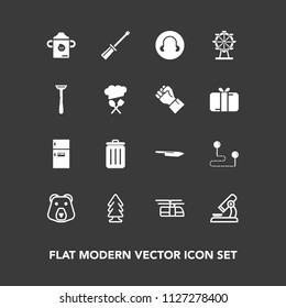 Modern, simple vector icon set on dark background with landscape, destination, position, rail, biology, can, freezer, repair, garbage, nature, knife, environment, london, grizzly, fridge, bottle icons