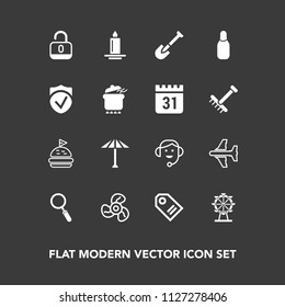 Modern, simple vector icon set on dark background with culture, japan, business, wheel, glass, bread, travel, wagasa, unlock, umbrella, airplane, zoom, fan, flight, protection, sale, call, lock icons