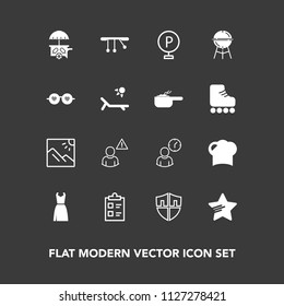 Modern, simple vector icon set on dark background with mark, dress, photo, fashion, photography, list, pendulum, business, shield, clock, network, tick, checklist, female, van, hour, urban, sign icons