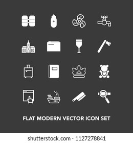 Modern, simple vector icon set on dark background with queen, fluffy, technology, sea, internet, royal, king, electric, fan, web, ship, equipment, cutlery, lifestyle, click, cute, trip, tank icons