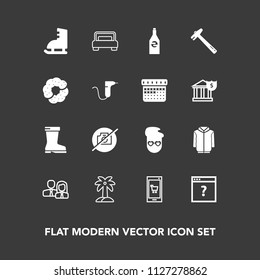 Modern, simple vector icon set on dark background with hipster, camera, leaf, furniture, double, internet, style, white, graphic, business, ice, picture, retro, summer, liquid, bed, app, phone icons