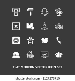 Modern, simple vector icon set on dark background with support, wildlife, door, salmon, nature, fish, headset, diagnostic, roller, japan, hat, sky, microphone, machine, seafood, estate, sushi icons
