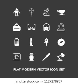 Modern, simple vector icon set on dark background with birdhouse, table, cup, robot, phone, lamp, spring, navigation, bird, cafe, compass, old, machine, communication, air, mobile, office, fire icons