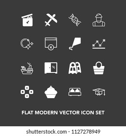 Modern, simple vector icon set on dark background with college, interior, style, ship, worker, cabinet, sea, aircraft, dna, bedroom, dessert, cake, play, object, home, war, bag, toy, sweet, bed icons