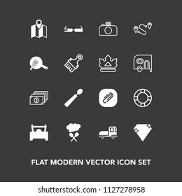 Modern, simple vector icon set on dark background with pin, paperclip, water, transport, cooking, location, kitchen, crown, travel, car, transportation, technology, destination, summer, camera icons