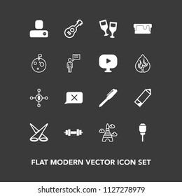 Modern, simple vector icon set on dark background with alcohol, spotlight, finance, tower, white, france, pencil, eiffel, paris, sweet, glass, gym, dessert, lamp, light, chat, red, contact, city icons