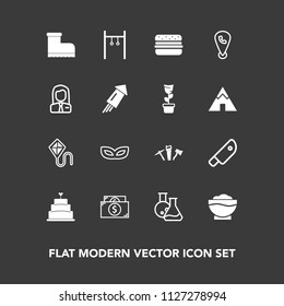 Modern, simple vector icon set on dark background with leather, finance, equipment, celebration, style, mobile, masquerade, meat, pie, restaurant, fashion, joy, exercise, cake, laboratory, phone icons