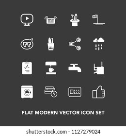 Modern, simple vector icon set on dark background with notification, table, lock, baja, media, web, safety, chat, office, cardiology, cash, machine, crane, desk, medical, toothpaste, internet icons