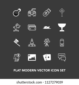 Modern, simple vector icon set on dark background with medicine, hygiene, lamp, sound, play, message, science, rocket, tripod, video, arrow, launch, health, light, shuttle, retro, camera, clean icons