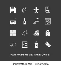 Modern, simple vector icon set on dark background with hygiene, label, speaker, hand, people, geography, sound, interior, tag, computer, loud, paper, clean, card, identity, id, business, news icons