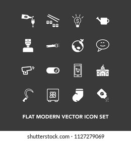 Modern, simple vector icon set on dark background with agriculture, glass, military, seafood, red, baby, tool, idea, business, house, sushi, technology, garden, safety, mobile, japan, drink, war icons