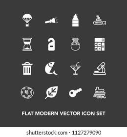 Modern, simple vector icon set on dark background with research, risk, summer, extreme, electric, casino, juice, ship, waste, trash, glass, parachuting, paint, flashlight, sky, nature, drink icons