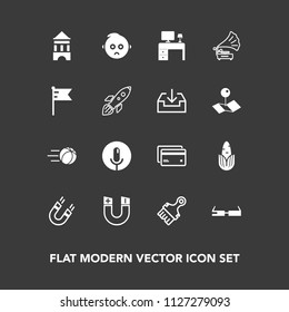 Modern, simple vector icon set on dark background with science, flag, national, retro, ball, child, microphone, field, baby, money, desk, office, work, modern, debit, voice, smart, business, kid icons