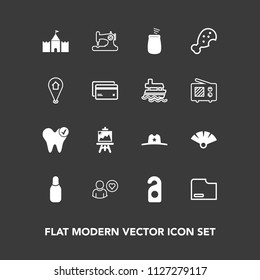 Modern, simple vector icon set on dark background with sport, fast, sheriff, fashion, japanese, white, online, artist, bowling, fan, dental, chicken, health, motel, paper, sew, art, file, sensu icons