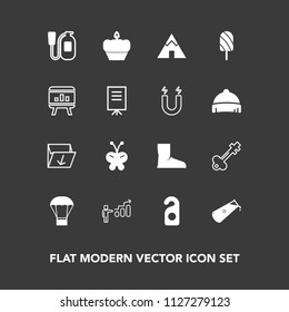 Modern, simple vector icon set on dark background with chemistry, nature, balloon, danger, rubbish, label, dessert, air, camp, butterfly, motel, white, hotel, boot, emergency, hot, sweet, waste icons